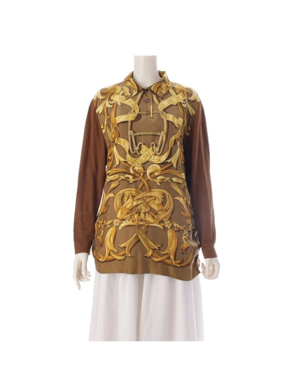 Hermes Silk Cotton Blend Long Sleeve All Over Print Knit Contrast Polo Shirt